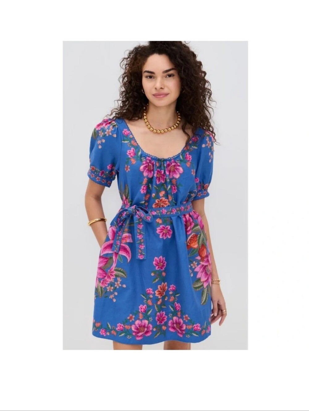 FARM Rio Blue Summer Fruit Scarf Euroflax Premium Linen Mini Dress XL Tropical